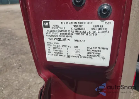 2003 Chevrolet Suburban 1500 Lt z USA, uszkodzony, nr VIN 1GNFK16Z23J258722